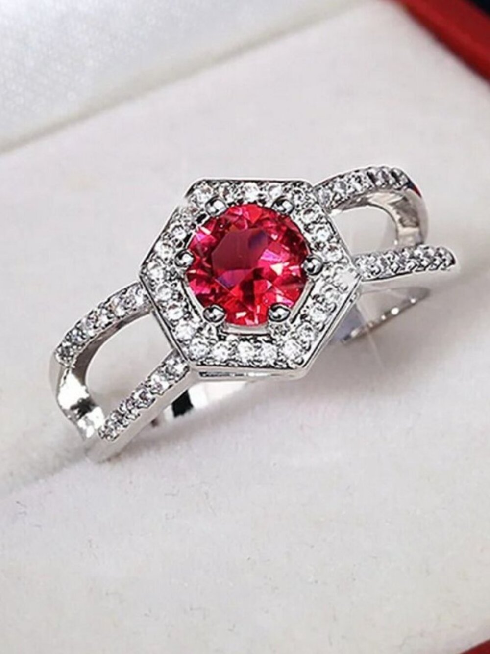 Kiara Grace Womens Size 6 Rosy Red Hexagon Framed Crystal Silver Ring Gift Boxed
